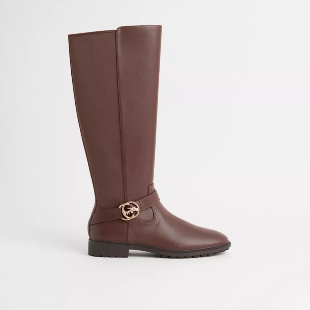 COACH Farrah Logo Buckle Riding Leather Boots Walnut Women's